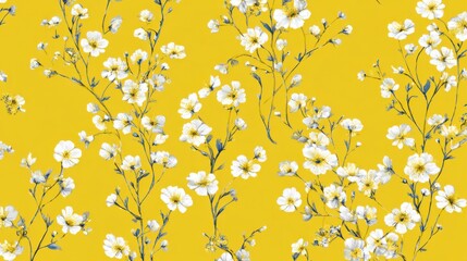 This vibrant design showcases a bright yellow backdrop adorned with delicate white flowers and green stems, creating a cheerful and lively floral pattern suitable for various applications.