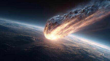 A massive meteorite hurtles towards Earth, glowing brightly as it enters the atmosphere. Surrounding dark space contrasts with its fiery tail, creating a striking view of impending impact.