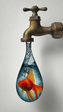 Goldfish appearing to swim in a droplet of water hanging from an old faucet in a surreal and artistic depiction of aquatic life