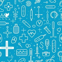 Fototapeta premium Medical symbols and equipment pattern on a blue background featuring icons like syringes, thermometers, and health-related symbols commonly found in healthcare settings