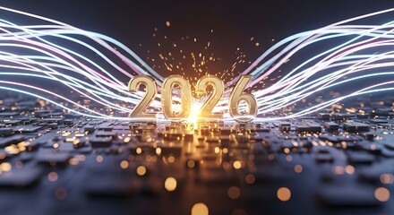 new year background Golden 2026 text with futuristic glowing lines and circuit board background