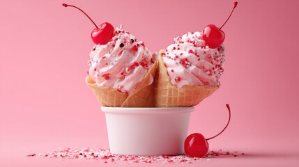 Two ice cream cones filled with swirls of pink and white ice cream are topped with cherries and sprinkles, placed on a white cup with scattered sprinkles around.