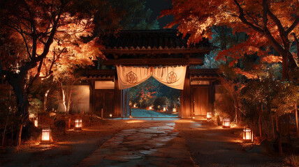 Fototapeta premium 灯りに照らされる参道と紅葉の山門夜景の静けさ