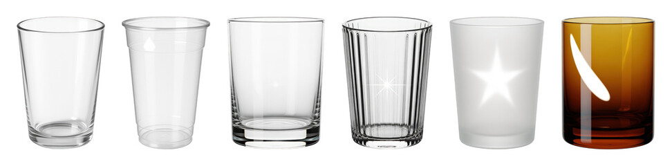 Drinking glass set including clear, plastic, ribbed, frosted, and amber styles isolated. Kitchenware and beverage container collection.