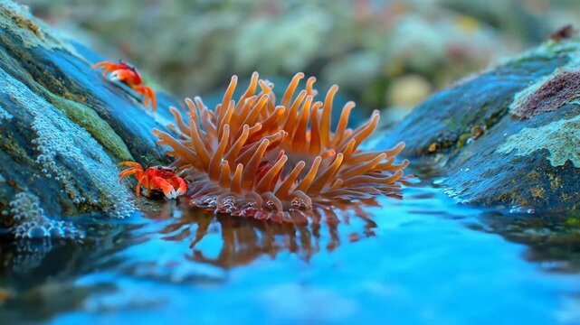 Close-up of a Vibrant Sea Anemone and Small Red Crab in a Clear Ocean Tide Pool