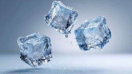 Obraz premium Three ice cubes are captured mid-fall, creating splashes of water as they descend against a simple gray backdrop. Light reflects off their surfaces, enhancing their clarity.