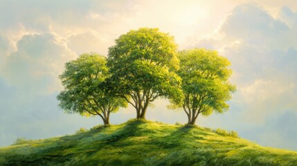 Fototapeta premium Three vibrant trees stand together atop a gently sloping grassy hill, basking in the warm light of morning. Soft clouds fill the background, creating a serene atmosphere.