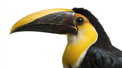 Fototapeta premium Exotic toucan displays its vibrant yellow beak and colorful feathers indoors. The setting highlights the birds unique features and details in bright lighting.