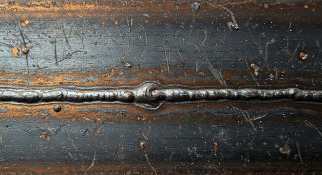 A closeup of a welded metal joint showing dark textured metal and a distinct weld bead