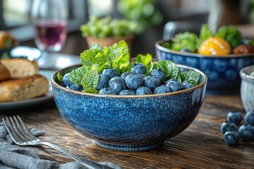 Blue bowl blueberries mint leaves wooden table