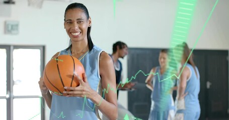 basketball player shifting ball grip after coach gesturing as sports analytics chart pulses upward - Powered by Adobe