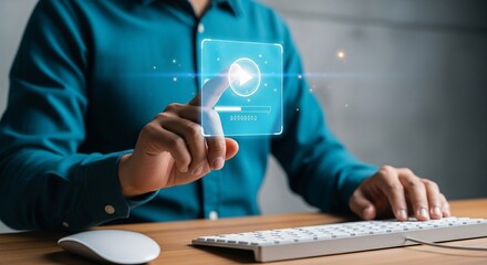 Man's hand presses play button on glowing digital interface for video streaming or media playback