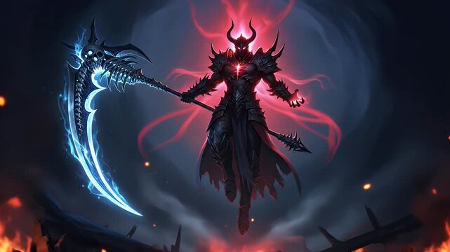 An evil fantasy lord in black armor holding a glowing scythe with red magical energy.