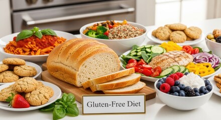 Vibrant gluten free diet meal with wholesome fresh food options. Healthy bread, pasta, chicken, crisp vegetables, sweet berries, and tasty cookies displayed on a bright kitchen counter.