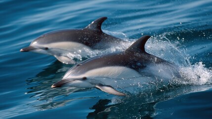 Fototapeta premium Two dolphins swim alongside each other in clear blue ocean waters. They breach the surface playfully, creating splashes as the sun rises, illuminating their sleek bodies.