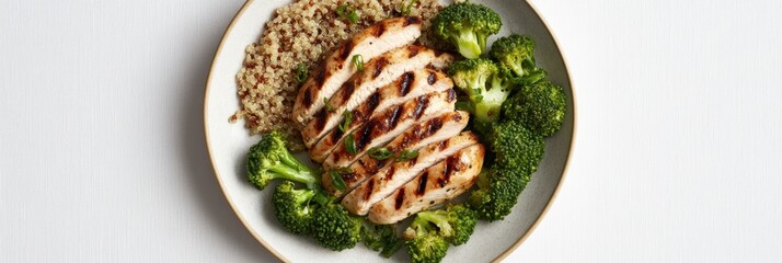 Grilled chicken breast served with quinoa and steamed broccoli in a simple yet healthy meal plate