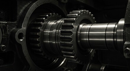 Closeup of gears and a shaft inside a mechanical structure rendered in monochrome focusing on metallic textures and industrial detail