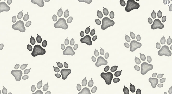 Repeating pattern of gray paw prints on a light beige background, suggesting a playful, animal-themed design, ideal for textile or digital print
