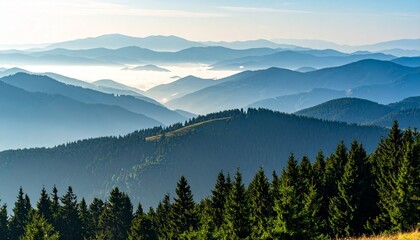 Layers of mountains with trees in foreground.