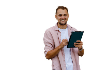 Smiling man using digital tablet, engaging with technology, working remotely, transparent background