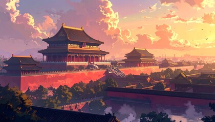 Obraz premium Majestic chinese imperial palace complex at sunset, showcasing intricate architecture and warm hues.