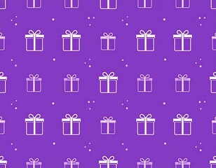 A repeating pattern of white gift boxes with purple bows on a deep violet background.