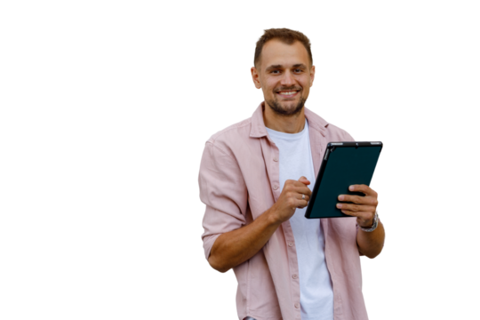 Smiling man using digital tablet, engaging with technology, working remotely, transparent background