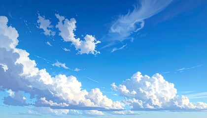 A vibrant digital painting displays a vast expanse of a clear, cerulean sky dotted with fluffy, white cumulus clouds.