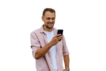 Happy man using smartphone, browsing social media, texting, and smiling, enjoying online communication