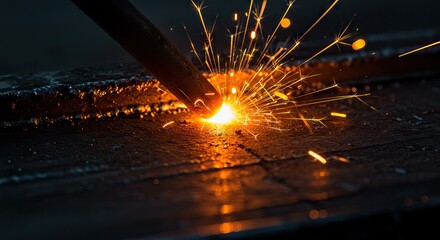 Welding creates bright sparks and light where a metal rod meets a metal surface