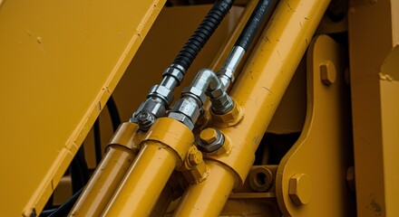 Yellow machinery part with hydraulic cylinders hoses and metal fittings