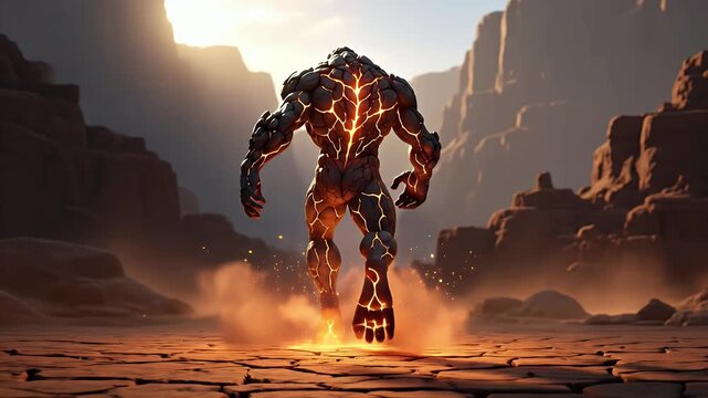 A giant golem made of rock and magma walking through a desert canyon landscape.