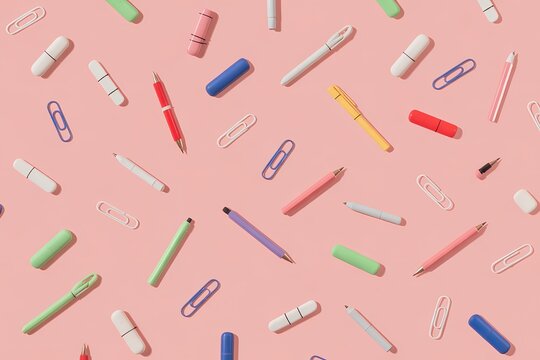 Flat lay of colorful stationery on a pink background