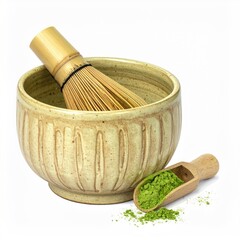Pale ceramic bowl with bamboo whisk and matcha powder in a small wooden scoop; isolated on white