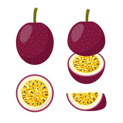 Naklejka premium Passion fruit icons. Fresh whole passion fruit, cut, half and piece. Organic tropical exotic fresh fruits for healthy food. Vector illustration isolated on white background.