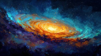 A stunning swirling galaxy showcases a bright, luminous core surrounded by vibrant colors and cosmic dust in the vastness of deep space. The beauty of the universe unfolds.