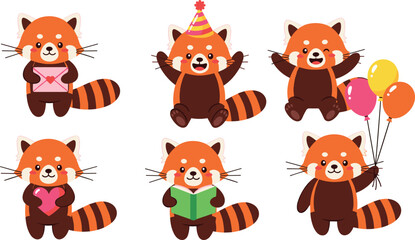 Cute Red Panda Cartoon Set with Balloons, Book, Heart, Envelope, Party Hat – Adorable Animal Character Vector for Kids Design