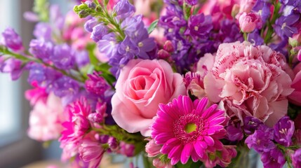 Obraz premium Bright and colorful floral arrangement showcases pink roses, purple delphiniums, and cheerful gerbera daisies in a glass vase.