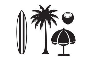 Tropical beach vacation icons silhouette palm tree surfboard coconut and umbrella