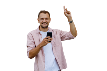 Smiling man holding phone, pointing finger up, showing new idea or important information on transparent background