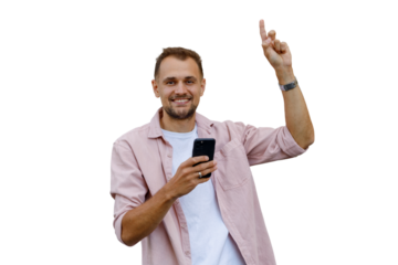 Happy man holding smartphone and pointing up, having an idea or showing important information