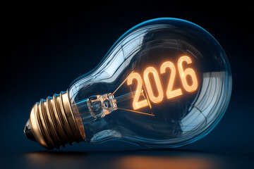 Wewnątrz żarówki widać podświetlony na pomarańczowo rok 2026. Żarówka leży na ciemnym blacie, odbijając światło. Ma lekko obrócony gwint w prawą stronę.
