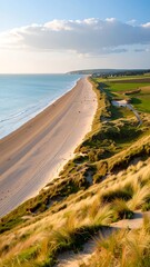 Panoramic view of a sandy beach meeting a vast ocean