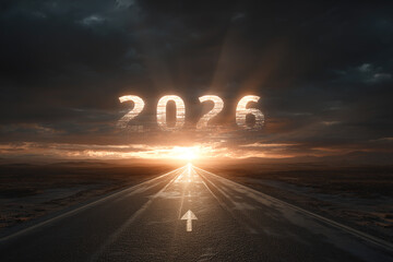 Puste horyzonty i droga prowadząca do wschodu słońca. Niebo z ciemnymi chmurami. Na nim widnieje rok 2026.