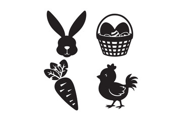 Black silhouette easter icons featuring a bunny chicken carrot and basket