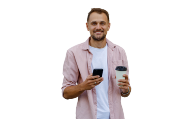 Young man holding smartphone and coffee to go, smiling, enjoying a break, transparent background