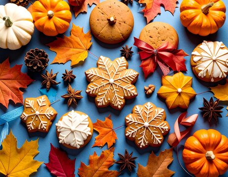 Autumnal gingerbread cookies and pumpkins - Powered by Adobe