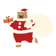 プレゼントの袋を持って走るクマのサンタクロース/ Santa Bear running with a gift sack