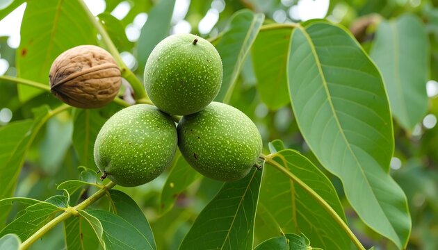 Green walnuts on a tree branch