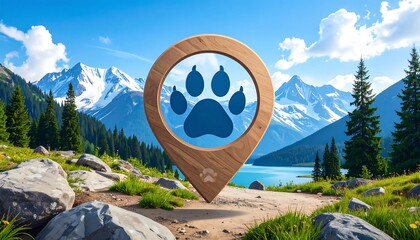 Wooden paw print map marker on a scenic mountain path